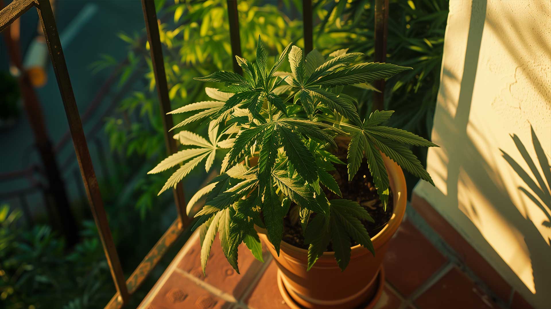 Cannabis Pflanze im Topf aufgezogen auf einem Balkon.