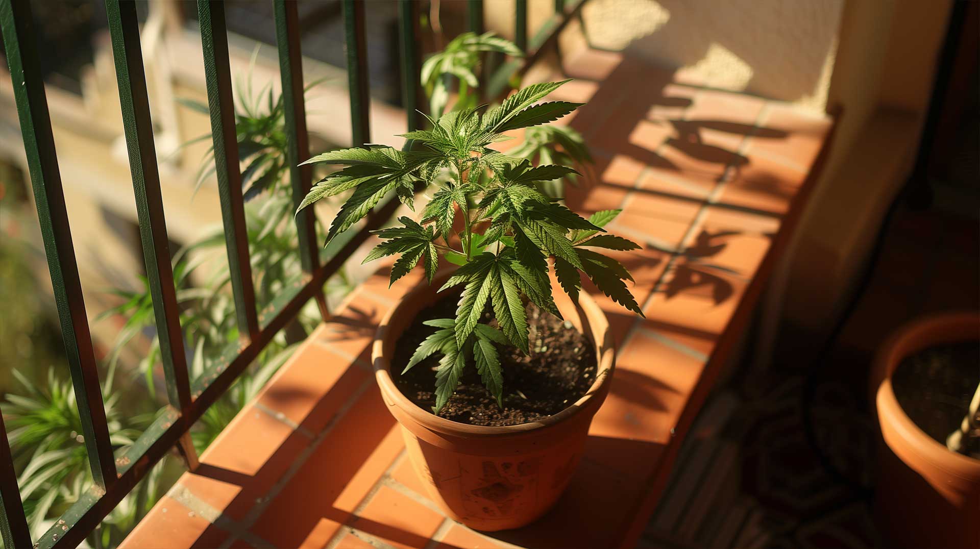 Cannabis Steckling auf einem Balkon in der Sonne neben dem Geländer